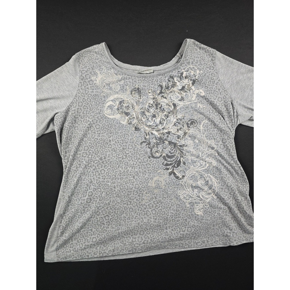 Canda Premium Womens XL Grey Leopard Scroll Print 3/4 Sleeve Scoop Neck Top
